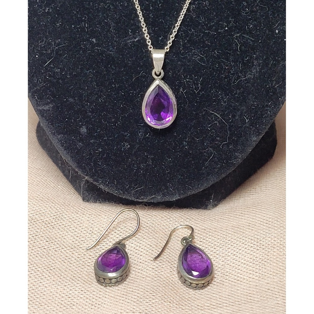 Vintage Sterling Silver Amethyst Pendant Necklace Earrings Teardrop Set Women's